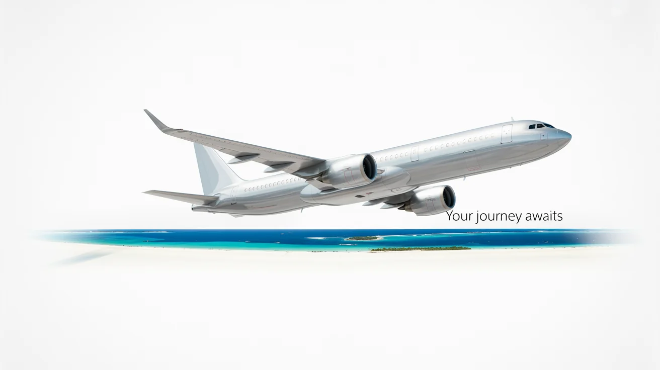 A travel advertisement showing the final designed result, featuring a clean cutout of a modern airplane flying over a beautiful tropical ocean scene, with the text 'Your Journey Awaits'.