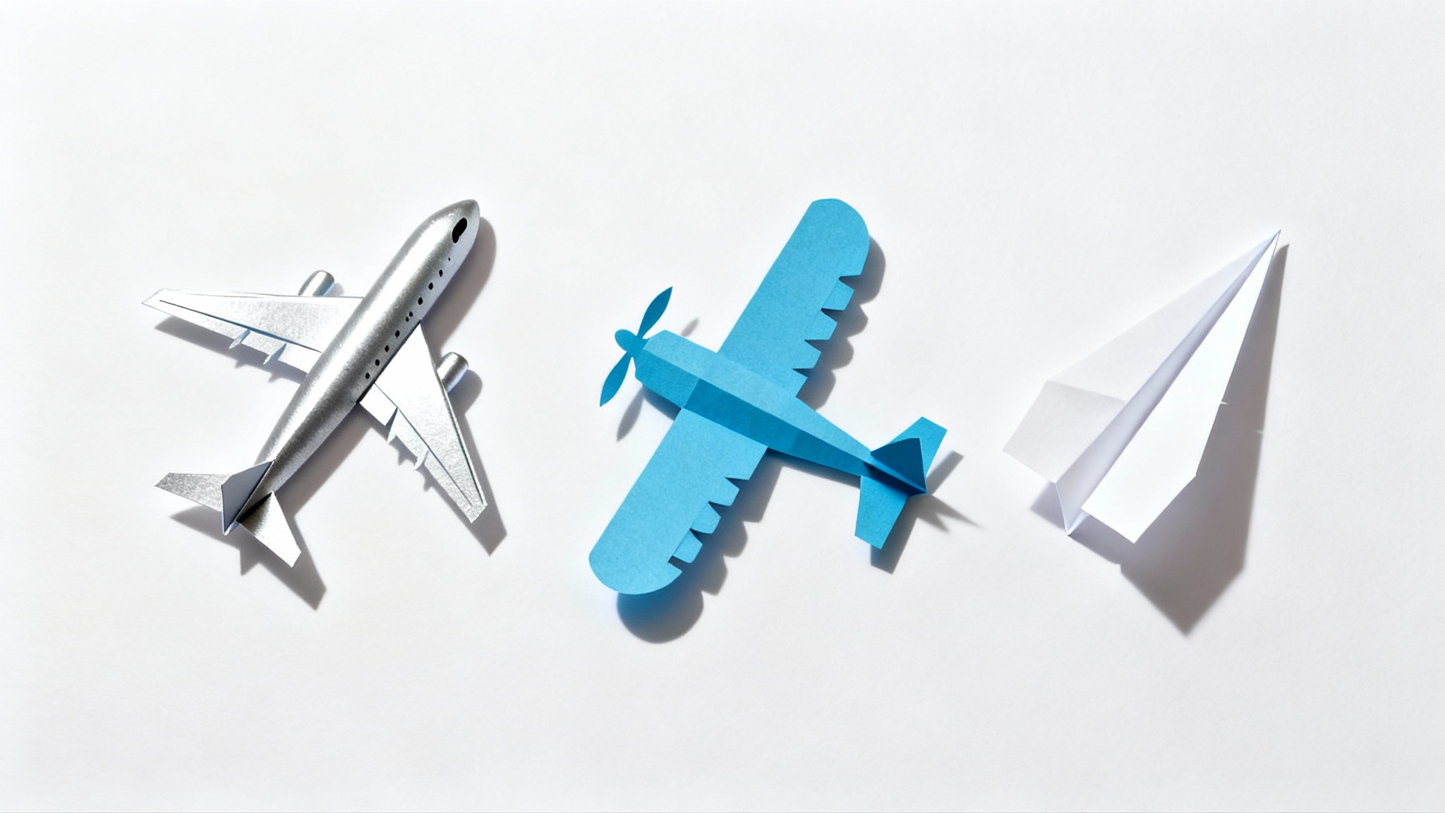 Three distinct airplane cutouts, a silver passenger jet, a blue biplane, and a white paper plane, arranged neatly on a white surface, demonstrating a cutout design tool.