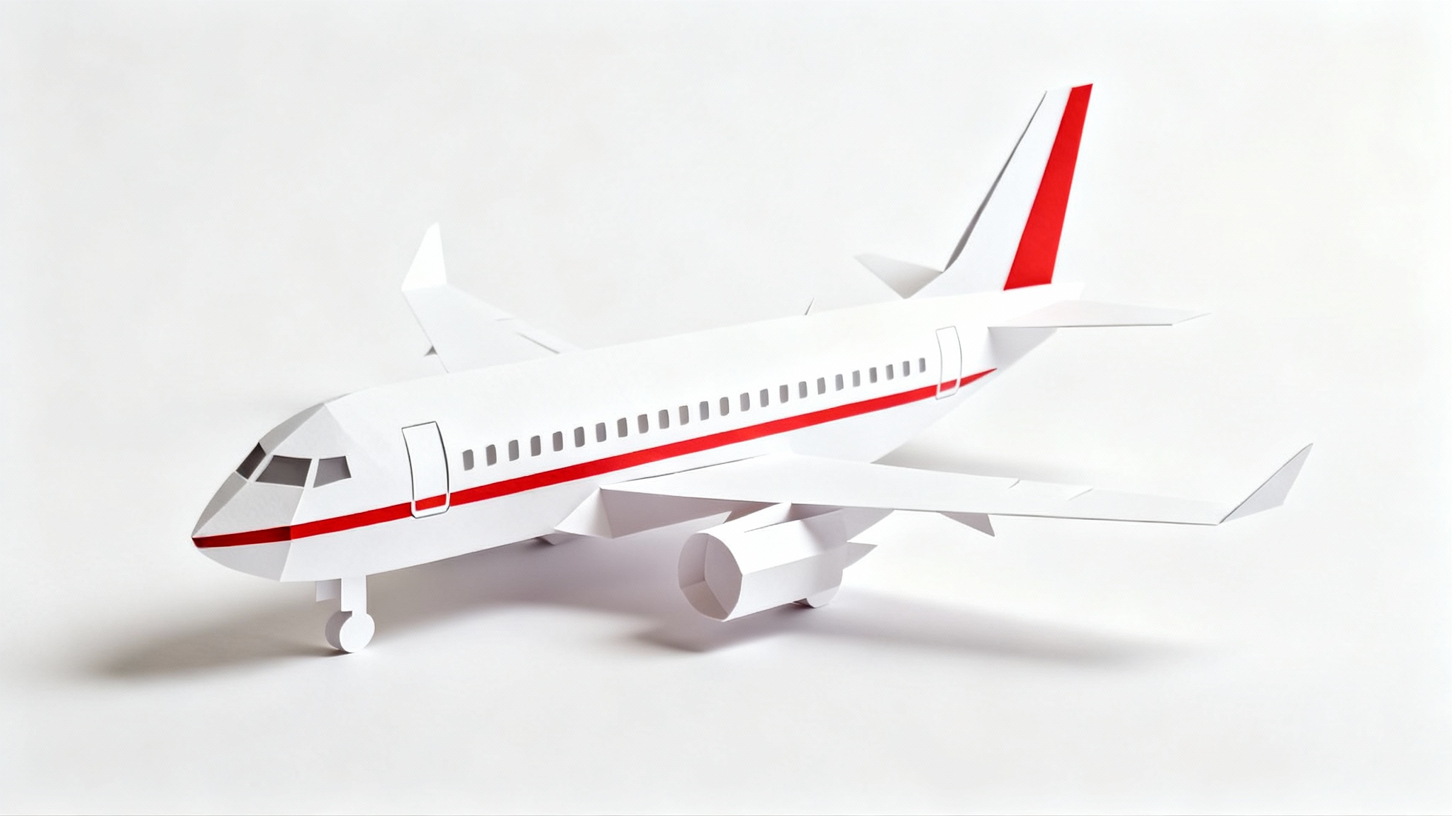 A minimalist paper cutout of a white passenger airplane with a red stripe, appearing to float on a plain white background.