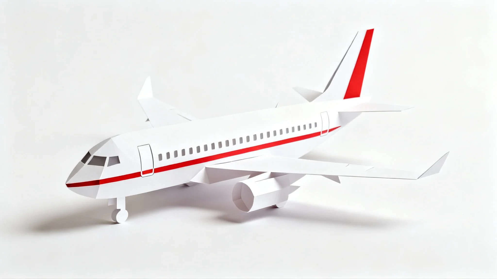 A minimalist paper cutout of a white passenger airplane with a red stripe, appearing to float on a plain white background.