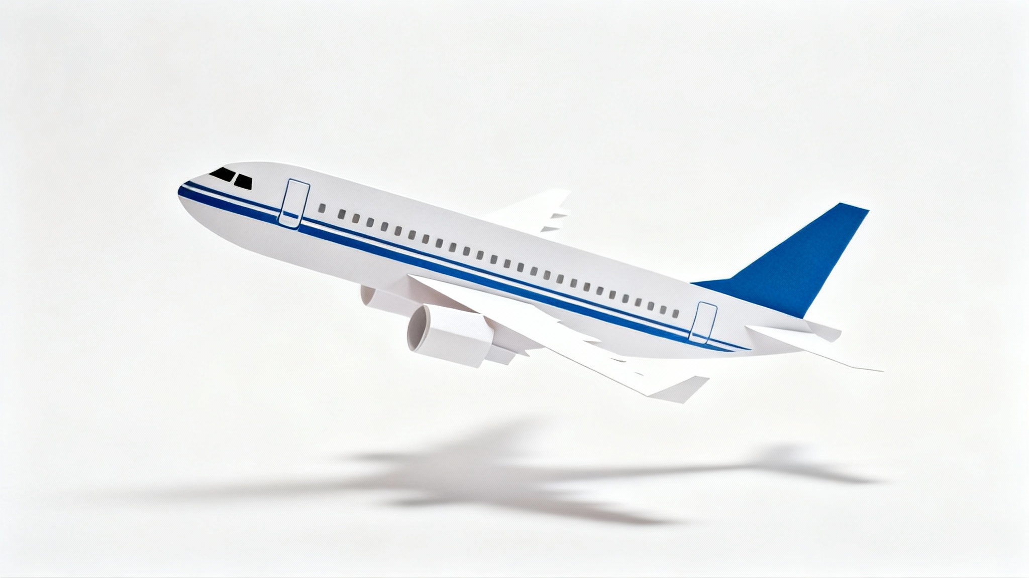 A paper craft cutout of a white and blue passenger airplane, positioned at a dynamic angle against a solid white background, creating a floating effect.