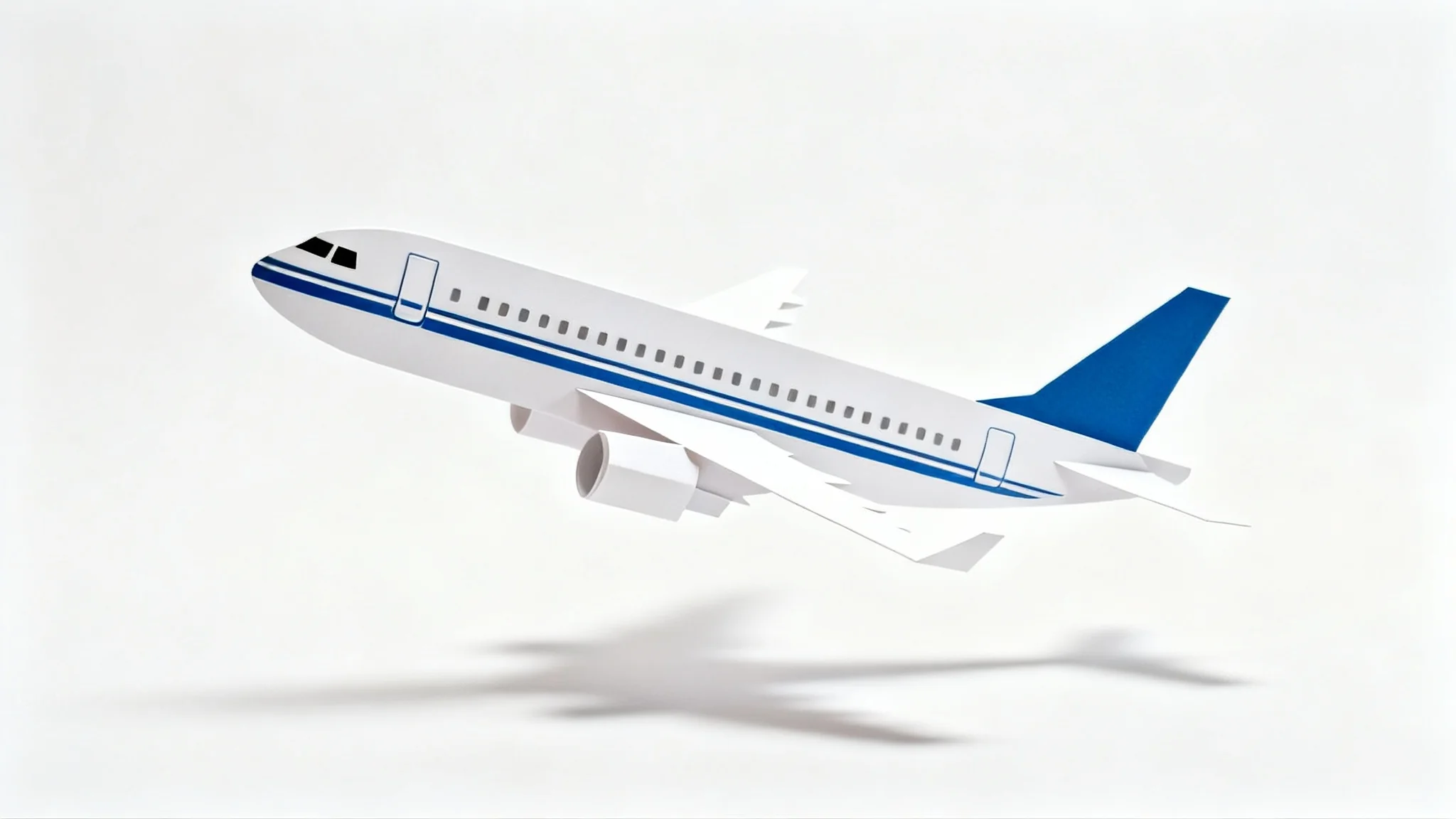 A paper craft cutout of a white and blue passenger airplane, positioned at a dynamic angle against a solid white background, creating a floating effect.