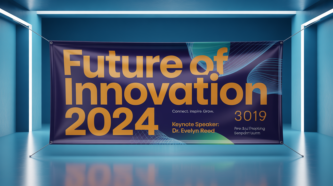 A professionally designed horizontal banner for a corporate seminar, with the title 'Future of Innovation 2024' in a modern font against a blue and orange geometric background.