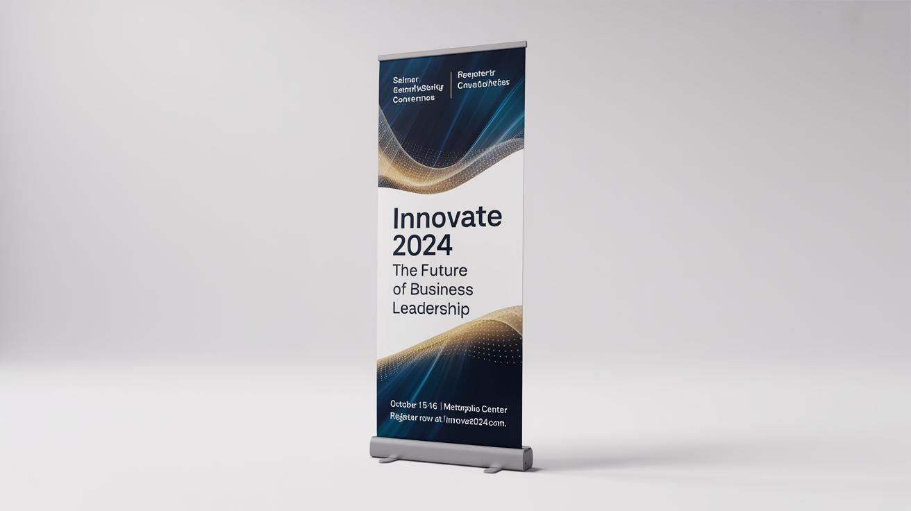 A professional mockup of a vertical roll-up banner for a business leadership seminar named 'INNOVATE 2024', shown against a clean white background.