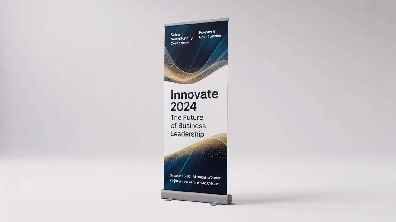 A professional mockup of a vertical roll-up banner for a business leadership seminar named 'INNOVATE 2024', shown against a clean white background.