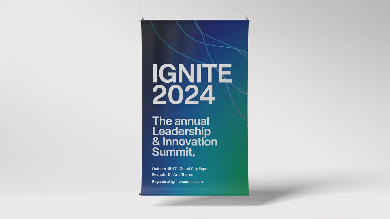 A mockup of a modern, horizontal seminar banner for 'IGNITE 2024', a leadership and innovation summit, set against a white background.