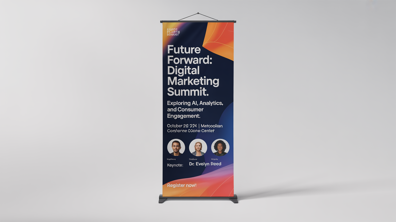A modern, professional roll-up banner for a fictional 'Future Forward: Digital Marketing Summit', shown as a mockup against a white background. The design is blue, white, and orange, with clear text for the event title, date, and location.