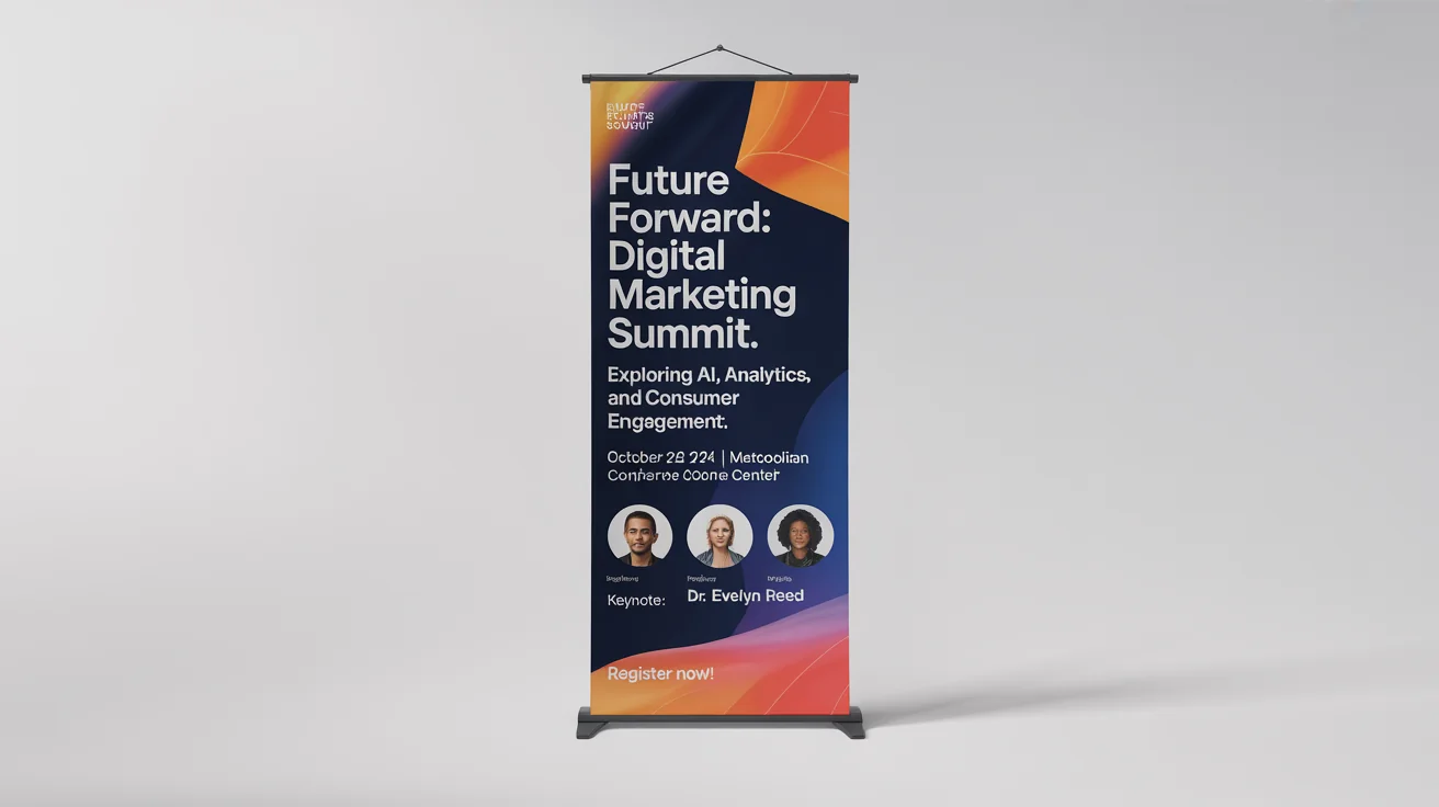 A modern, professional roll-up banner for a fictional 'Future Forward: Digital Marketing Summit', shown as a mockup against a white background. The design is blue, white, and orange, with clear text for the event title, date, and location.