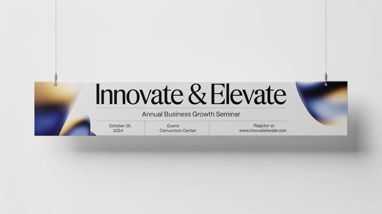A professional banner mockup for a business seminar titled 'Innovate & Elevate', showing event details against a clean white background.