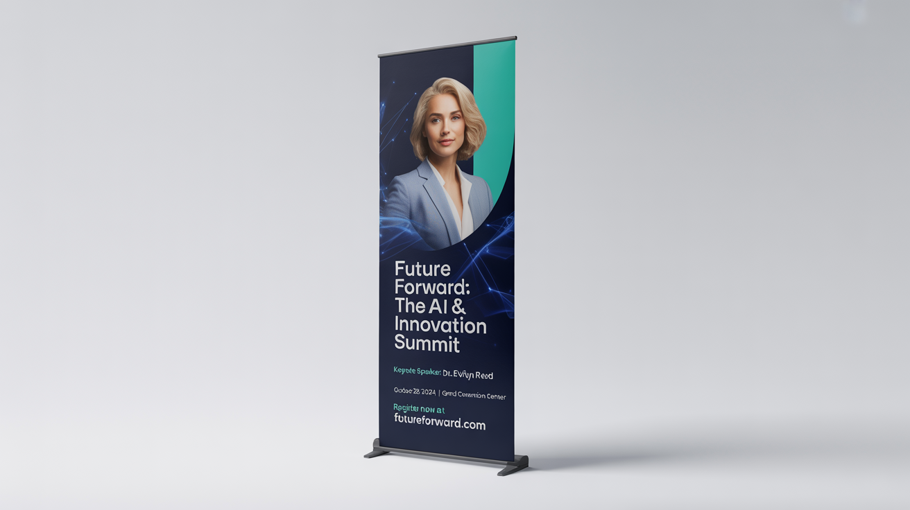 A professional mockup of a roll-up seminar banner for an 'AI & Innovation Summit', featuring a speaker's photo and event details, presented on a clean white background.