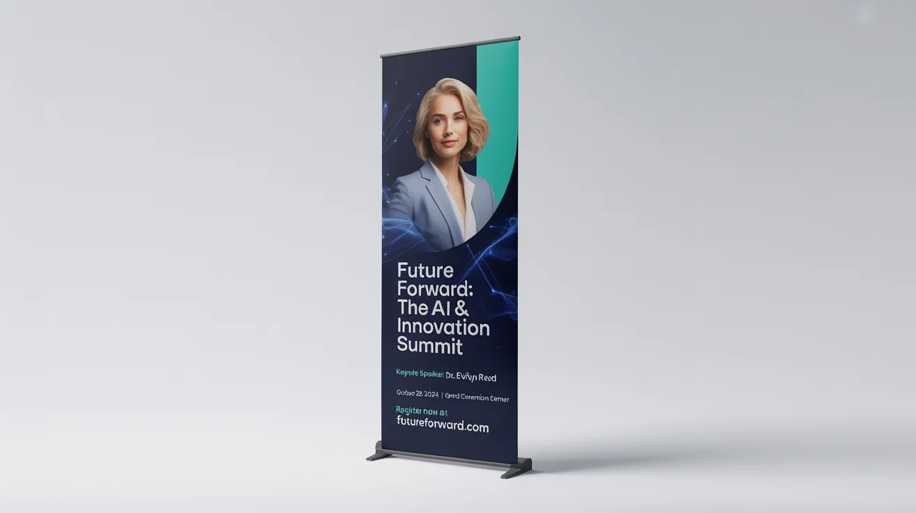A professional mockup of a roll-up seminar banner for an 'AI & Innovation Summit', featuring a speaker's photo and event details, presented on a clean white background.