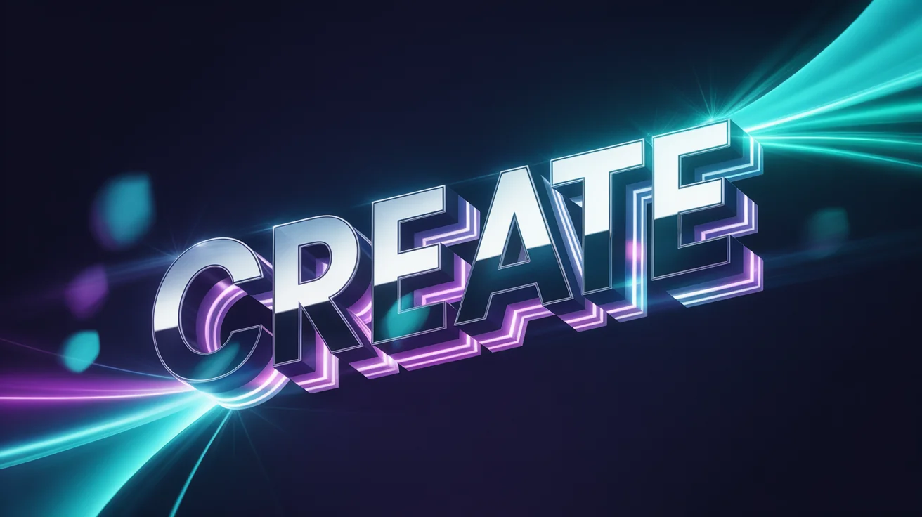 An eye-catching graphic design featuring the word 'CREATE' in bold, glossy silver text, tilted dynamically against a deep blue background with a vibrant teal and purple glow.