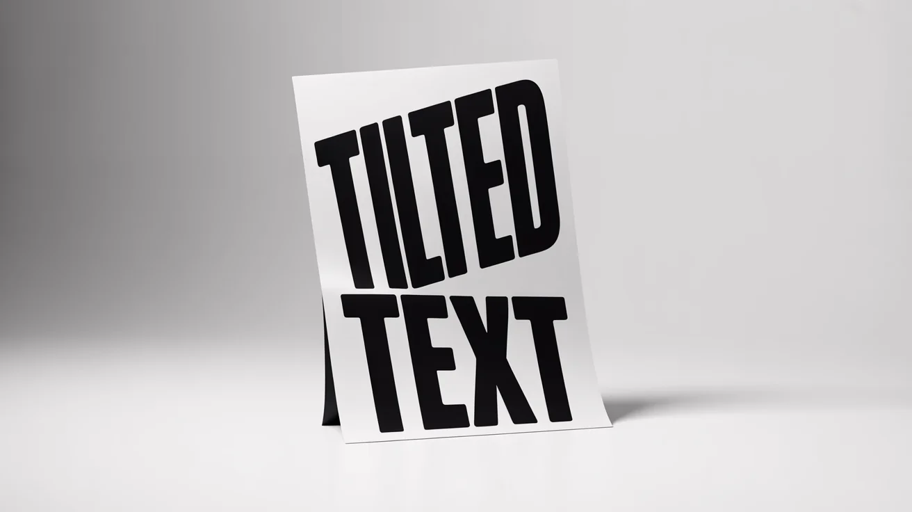 A minimalist poster mockup demonstrating a tilted text effect. The word 'TILTED' is angled upwards and 'TEXT' is angled downwards, both in a bold black font against a white background.