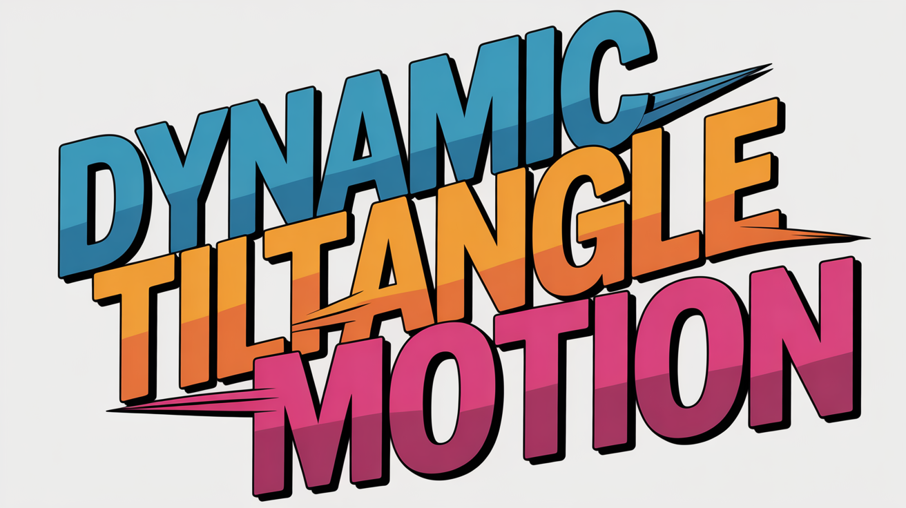 A graphic design mockup demonstrating a tilted text effect, featuring the words 'DYNAMIC', 'TILT', 'ANGLE', and 'MOTION' in bold colors, scattered and tilted at various angles against a plain white background.