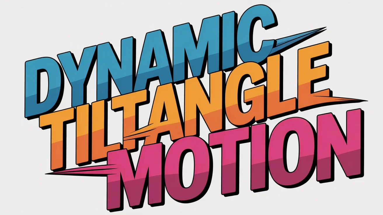A graphic design mockup demonstrating a tilted text effect, featuring the words 'DYNAMIC', 'TILT', 'ANGLE', and 'MOTION' in bold colors, scattered and tilted at various angles against a plain white background.