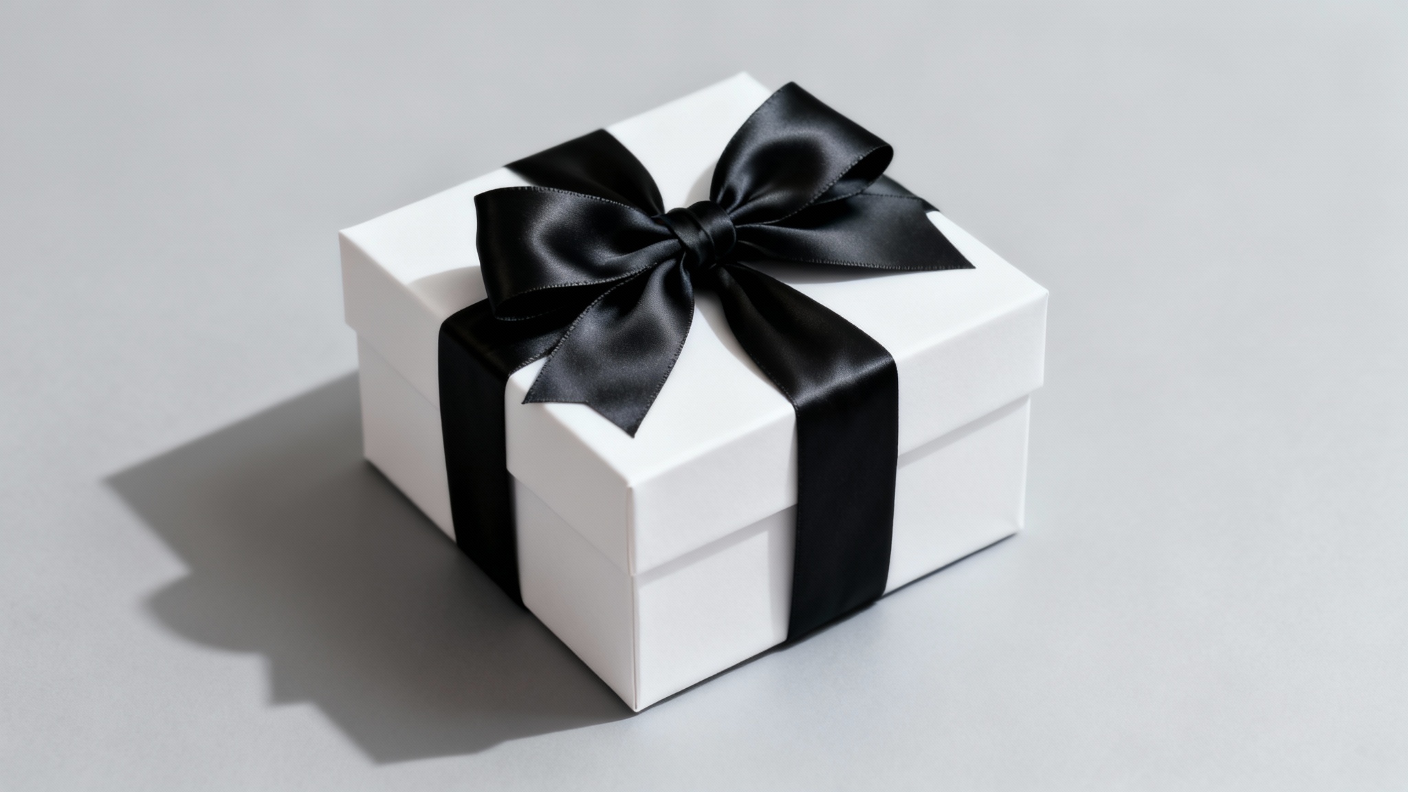 A photorealistic hero image showing a luxurious white gift box elegantly wrapped with a glossy black satin bow on a minimalist background.