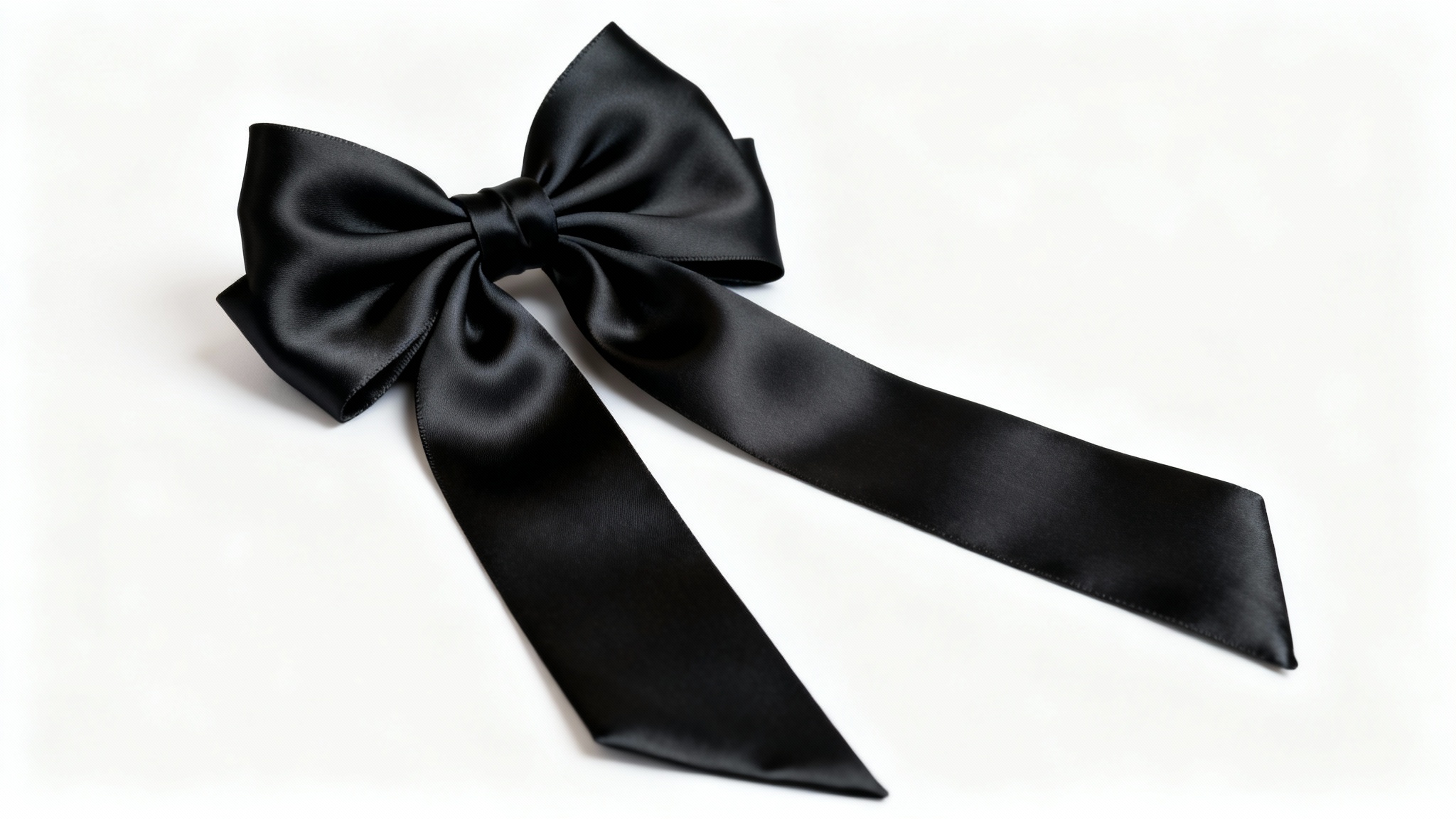 A close-up, photorealistic image of a perfectly tied, luxurious black satin bow with a soft sheen, isolated against a stark white background.