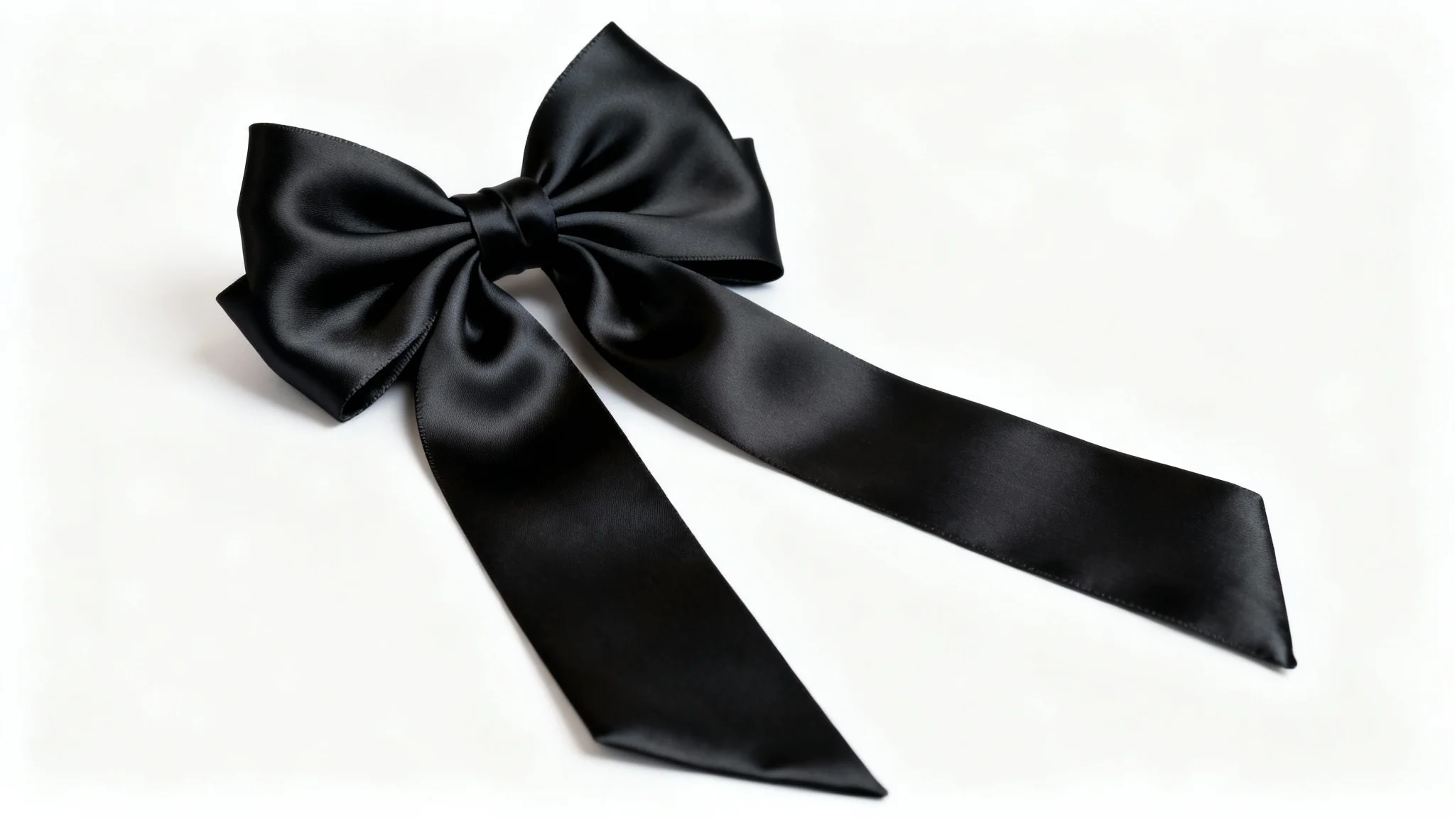 A close-up, photorealistic image of a perfectly tied, luxurious black satin bow with a soft sheen, isolated against a stark white background.