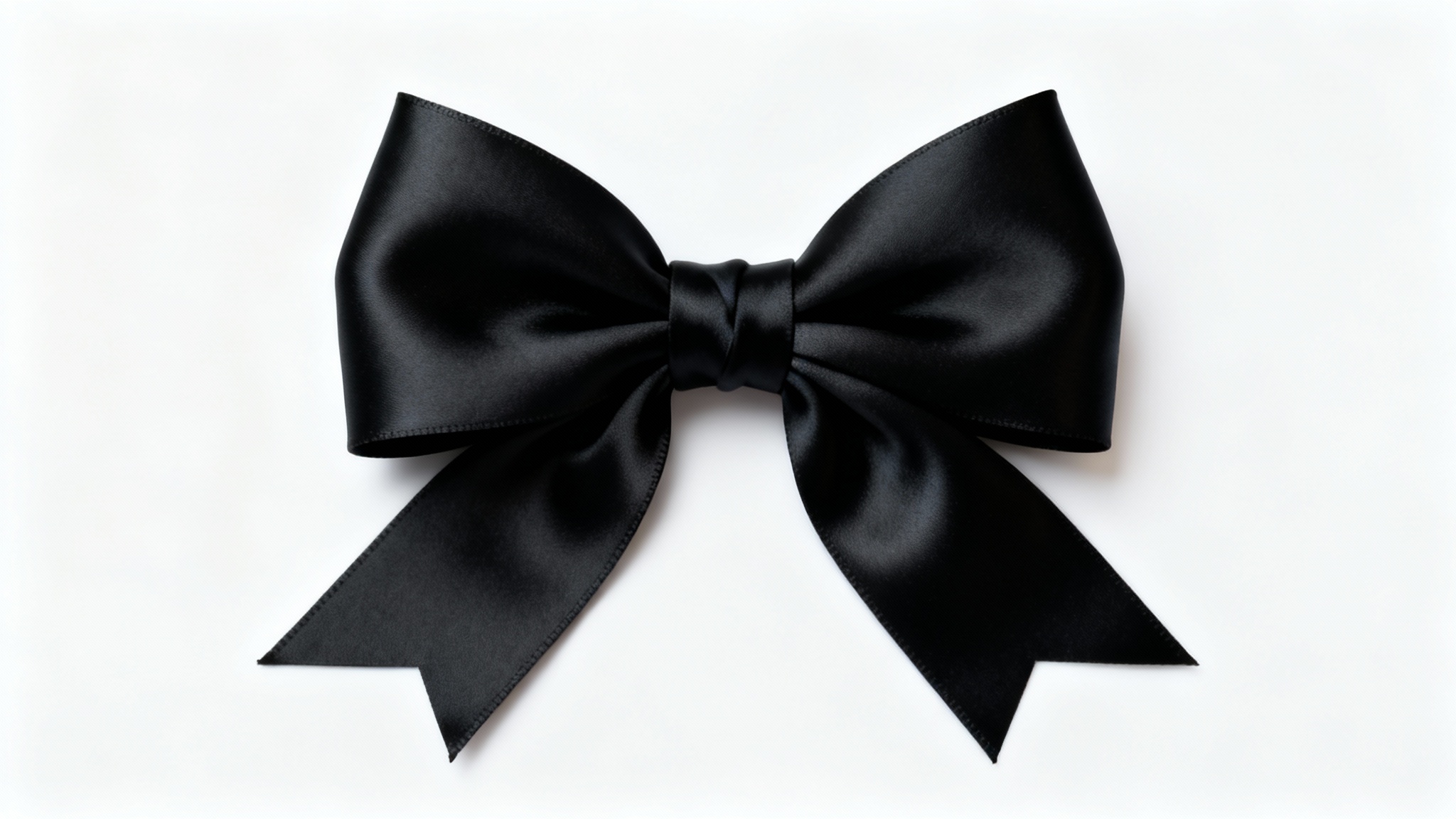 An elegant, perfectly tied black satin bow with a subtle sheen, photographed up close against a clean white background.