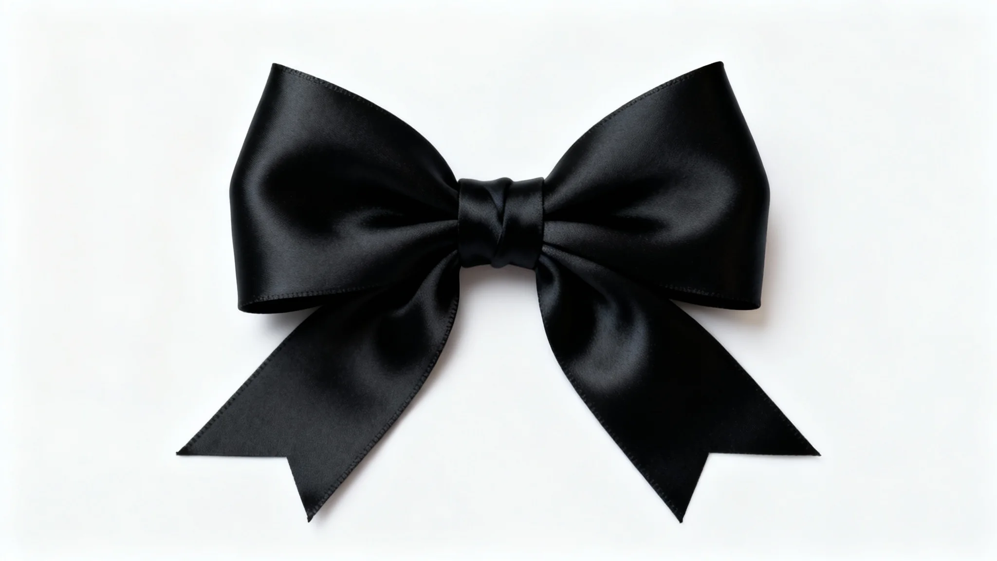 An elegant, perfectly tied black satin bow with a subtle sheen, photographed up close against a clean white background.
