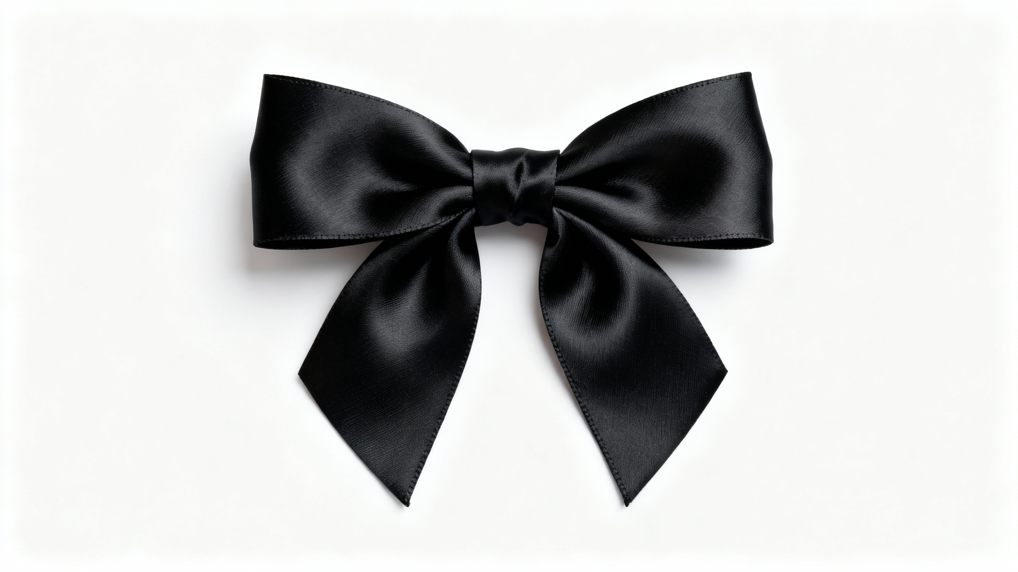 A close-up, photorealistic image of a classic black satin bow, perfectly tied and centered on a plain white background.