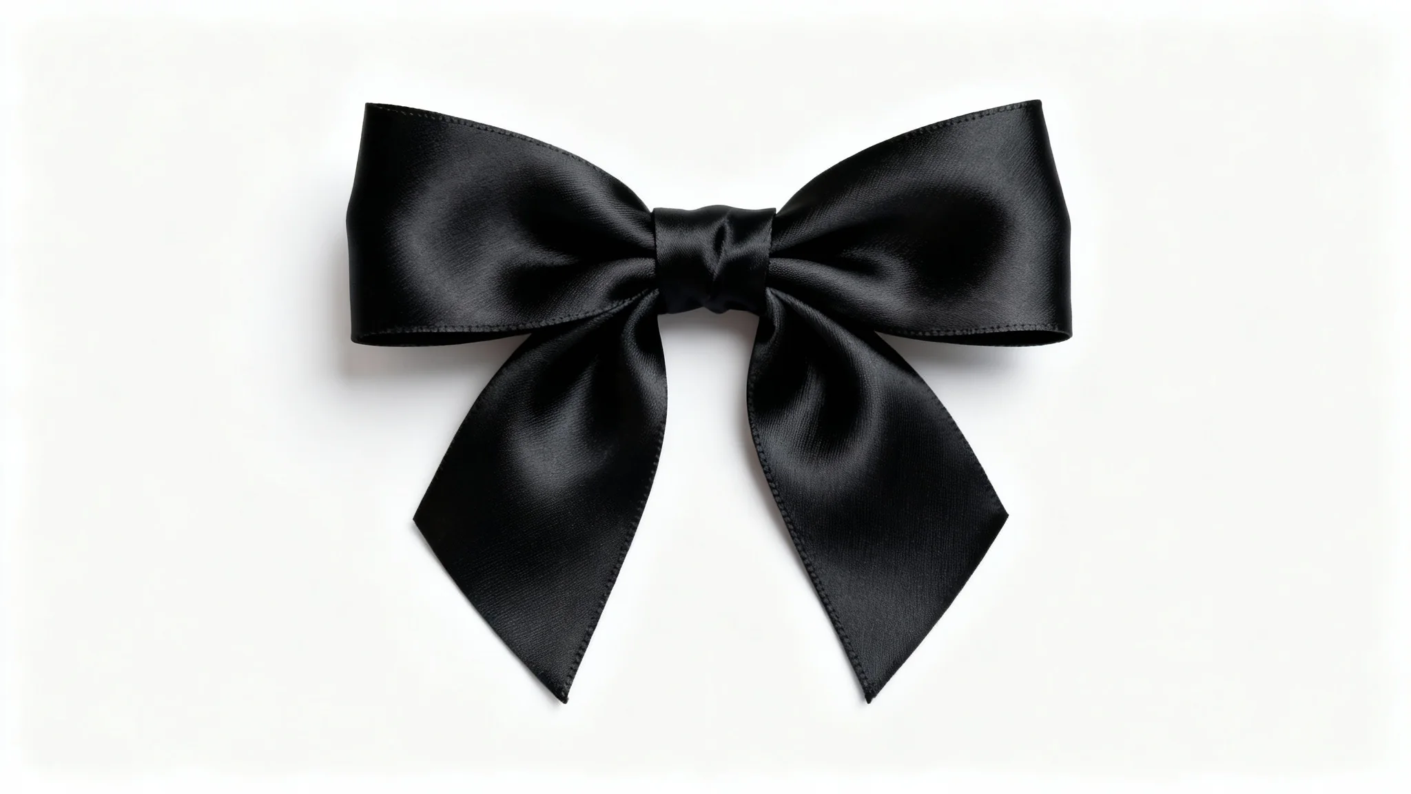 A close-up, photorealistic image of a classic black satin bow, perfectly tied and centered on a plain white background.