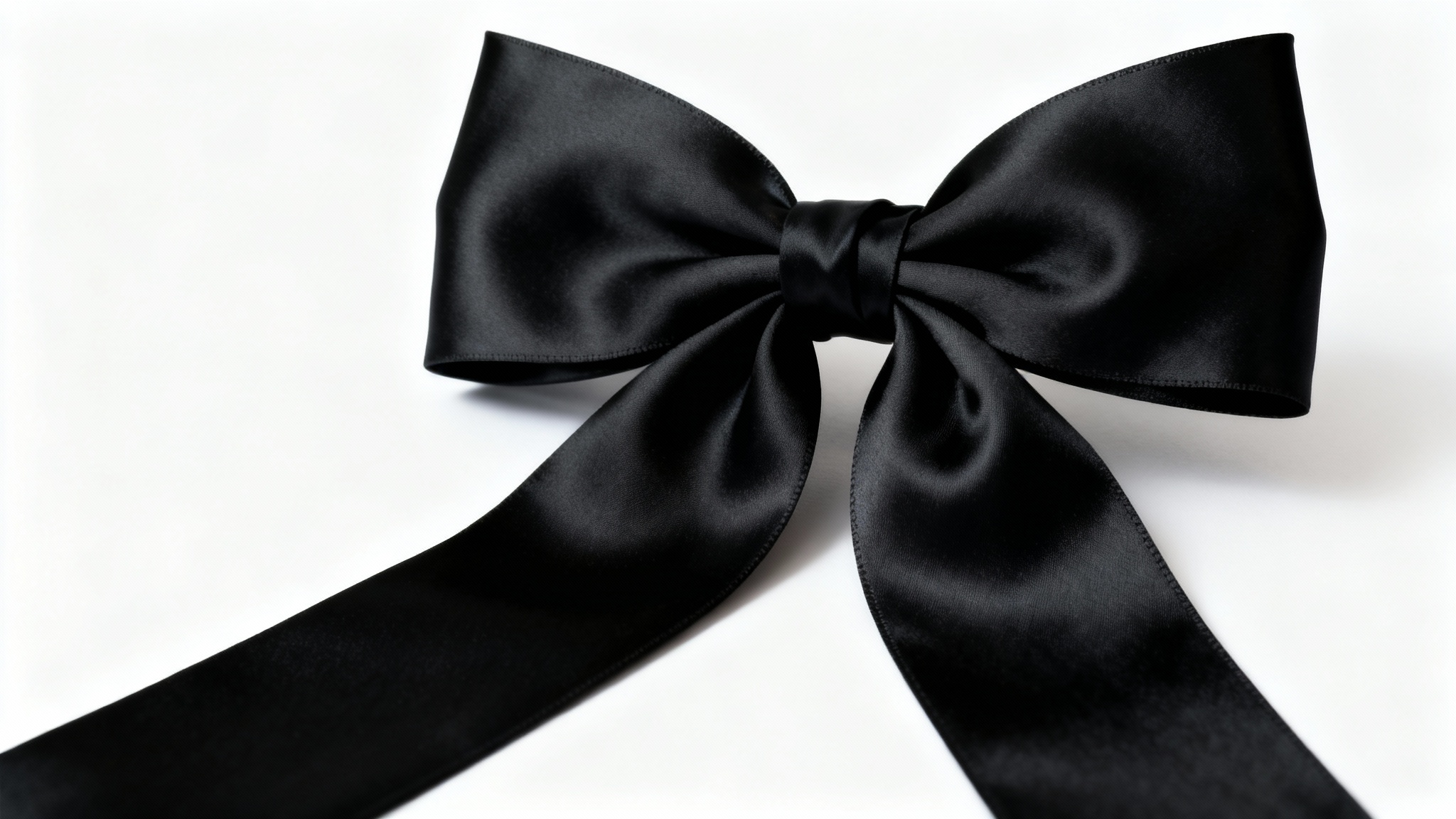 A close-up, studio photograph of a perfectly tied, luxurious black satin bow with a soft sheen, isolated against a stark white background.