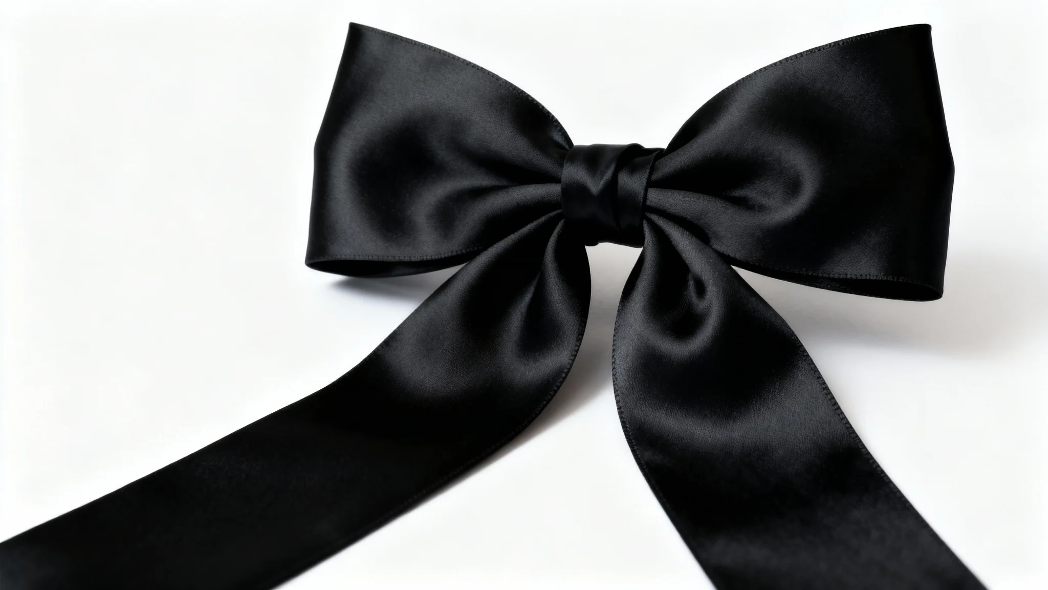 A close-up, studio photograph of a perfectly tied, luxurious black satin bow with a soft sheen, isolated against a stark white background.
