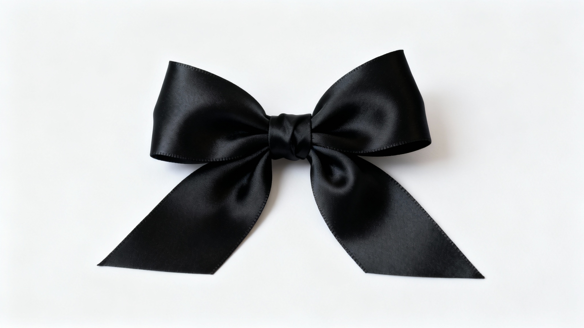 A close-up, professional photograph of a perfectly tied, luxurious black satin bow with a soft sheen, isolated against a stark white background.