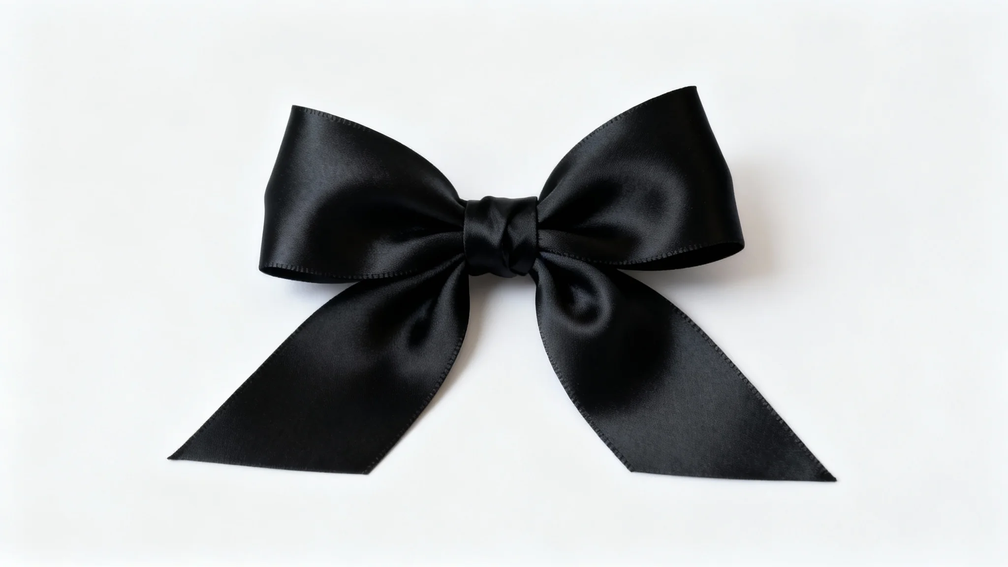 A close-up, professional photograph of a perfectly tied, luxurious black satin bow with a soft sheen, isolated against a stark white background.