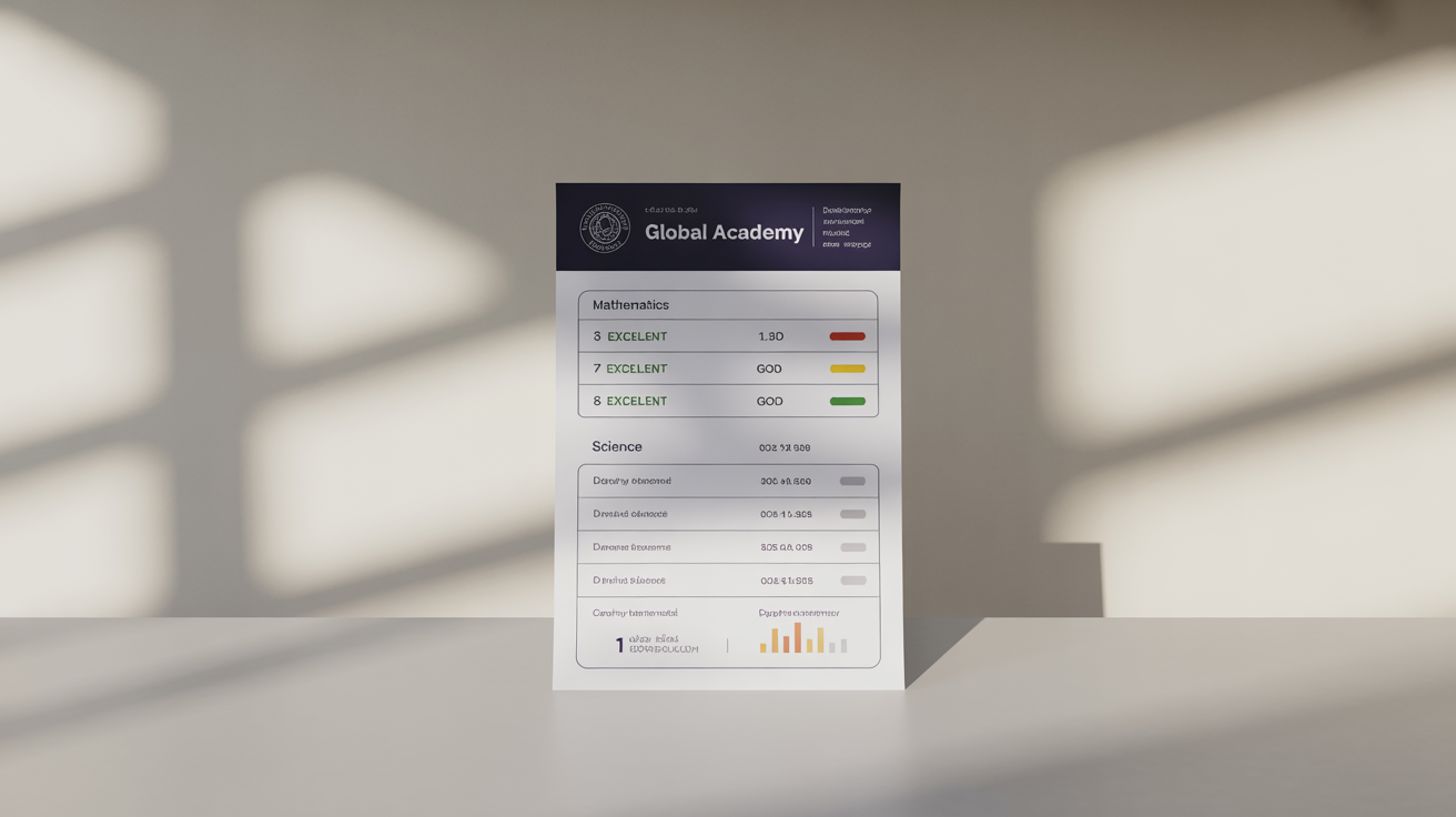 A professionally designed final report card for 'Global Academy', shown as a polished mockup with clean typography, color-coded grades, and modern graphic elements on a minimalist background.
