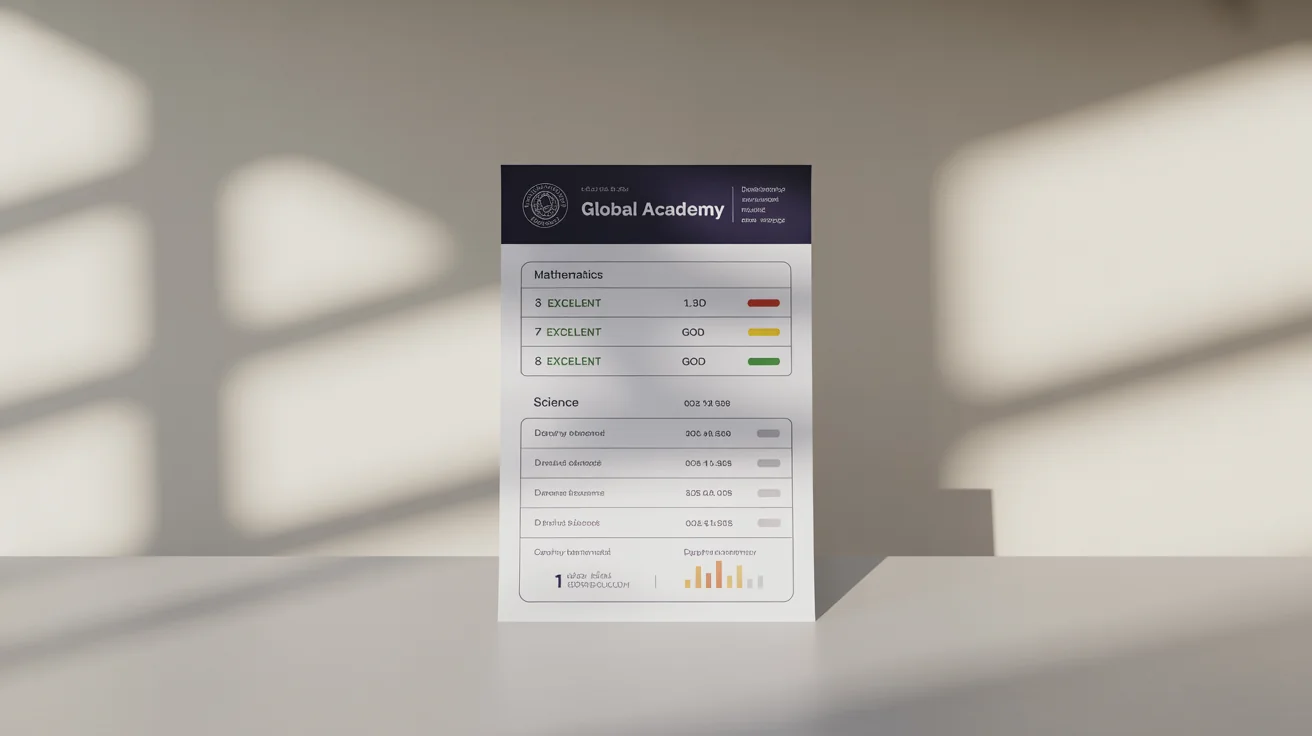 A professionally designed final report card for 'Global Academy', shown as a polished mockup with clean typography, color-coded grades, and modern graphic elements on a minimalist background.