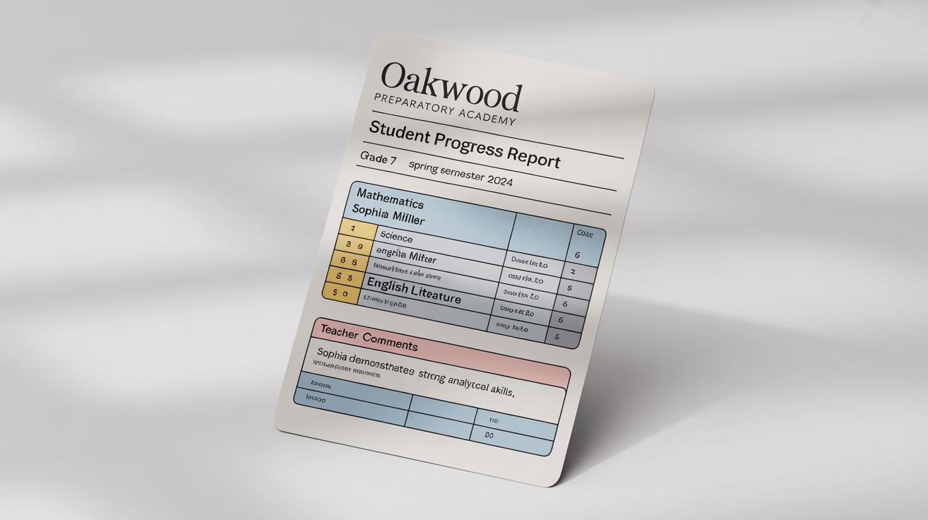 A mockup of a modern, professionally designed school report card for a fictional student, featuring a clean layout and a blue and yellow color scheme, set against a plain white background.