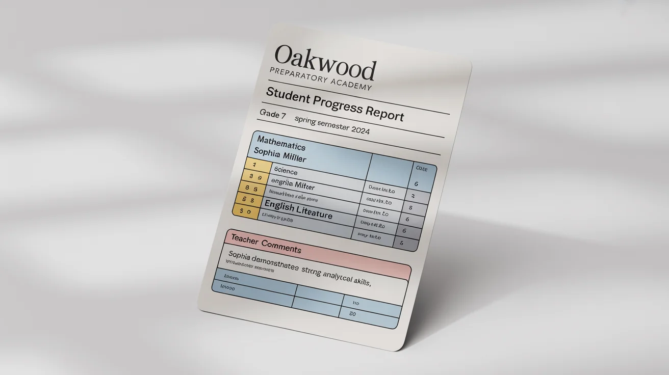 A mockup of a modern, professionally designed school report card for a fictional student, featuring a clean layout and a blue and yellow color scheme, set against a plain white background.