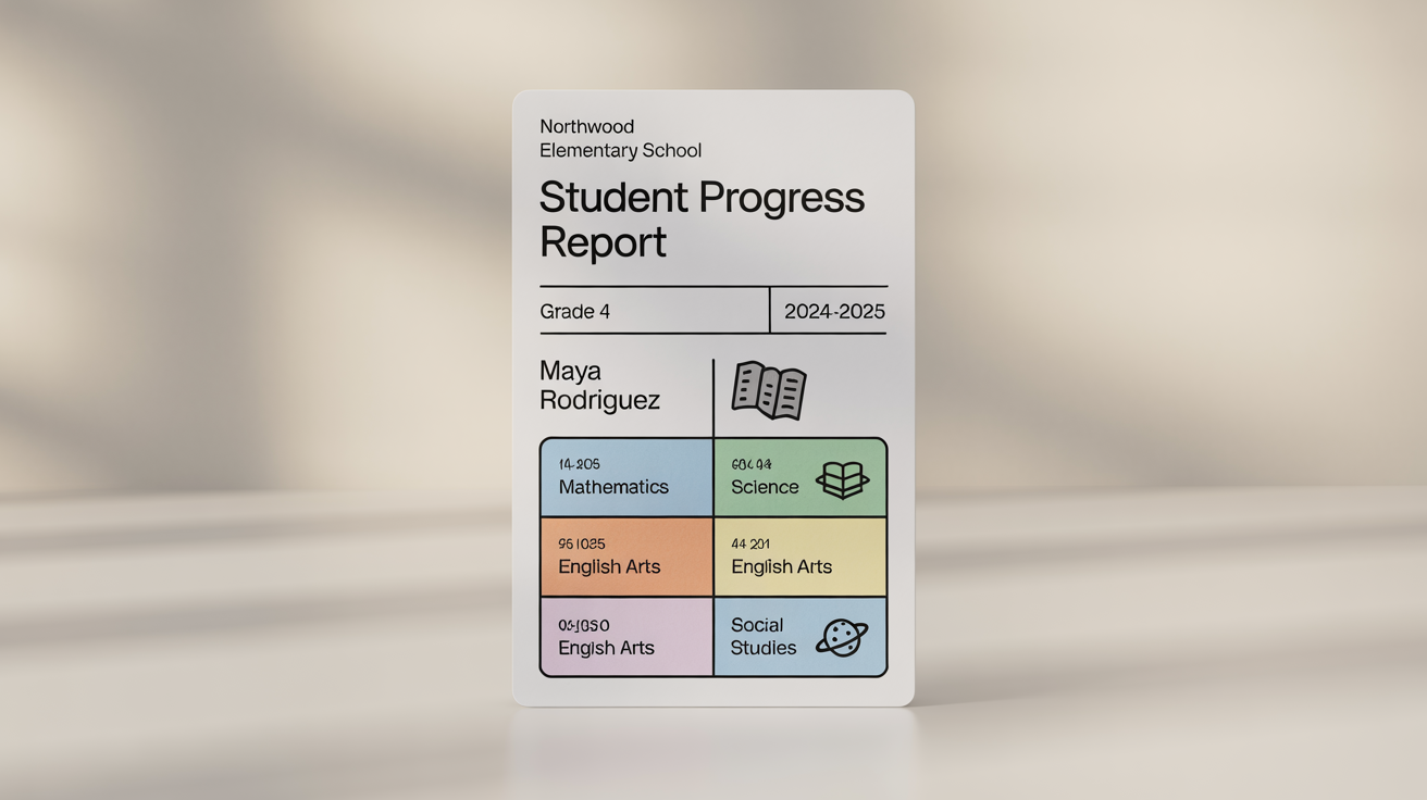 A mockup of a modern and colorful elementary school report card for a student named Maya Rodriguez, featuring a clean layout and icons, displayed on a white background.