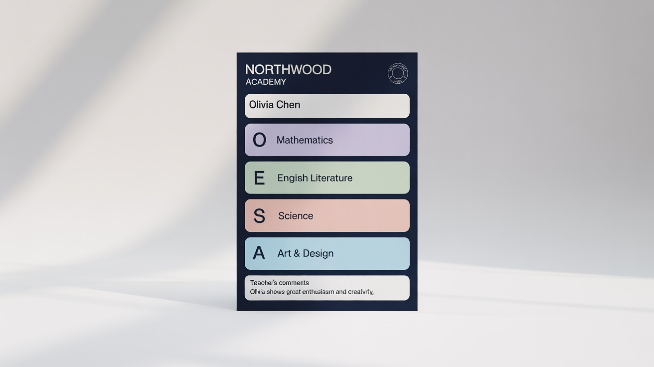 A modern, professionally designed school report card for 'Northwood Academy', featuring sections for grades and teacher comments, on a white background.