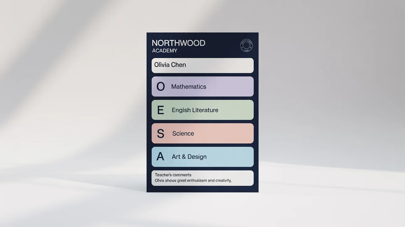 A modern, professionally designed school report card for 'Northwood Academy', featuring sections for grades and teacher comments, on a white background.