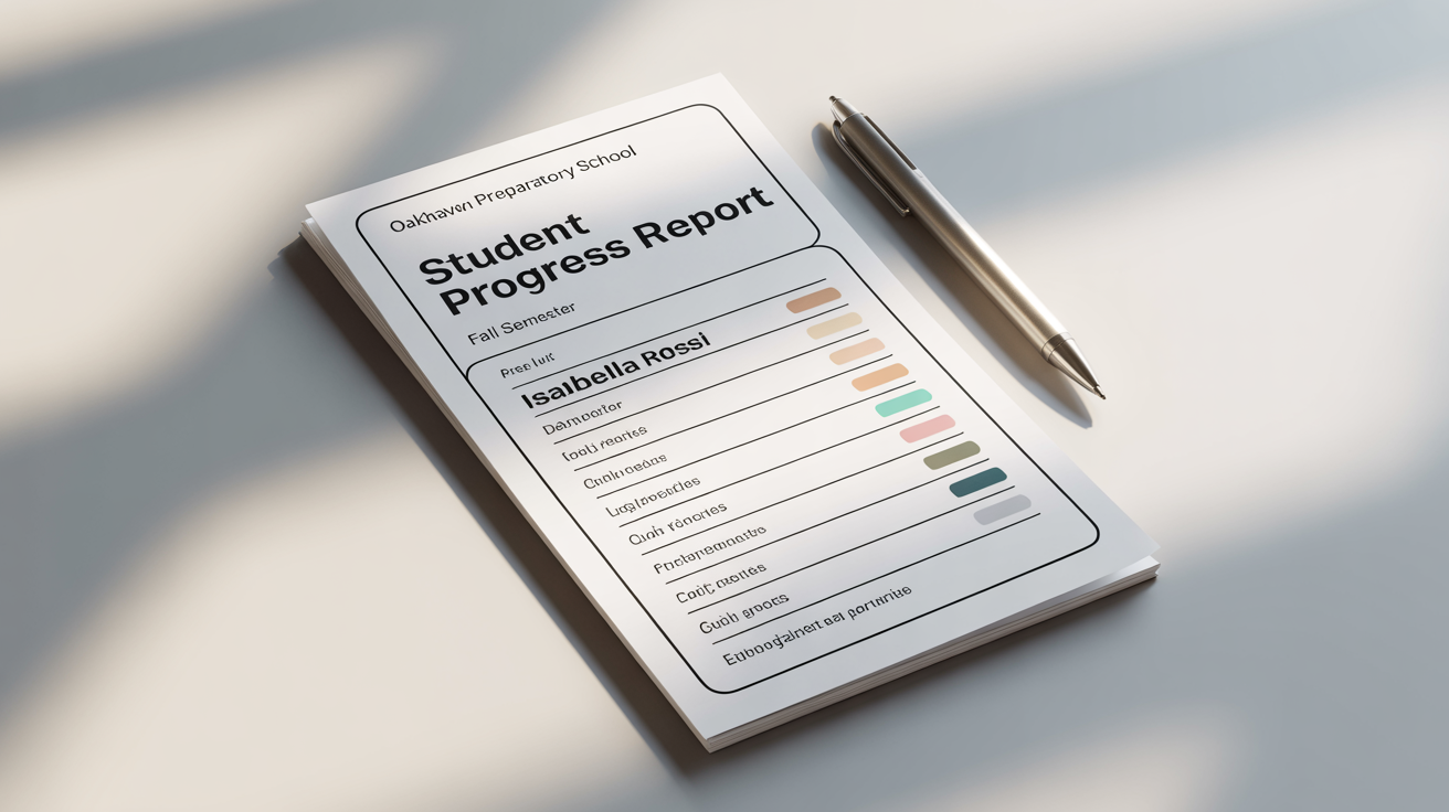 A mockup of a modern, well-designed school report card from 'Oakhaven Preparatory School' with a blue and teal color scheme, displayed on a white background.