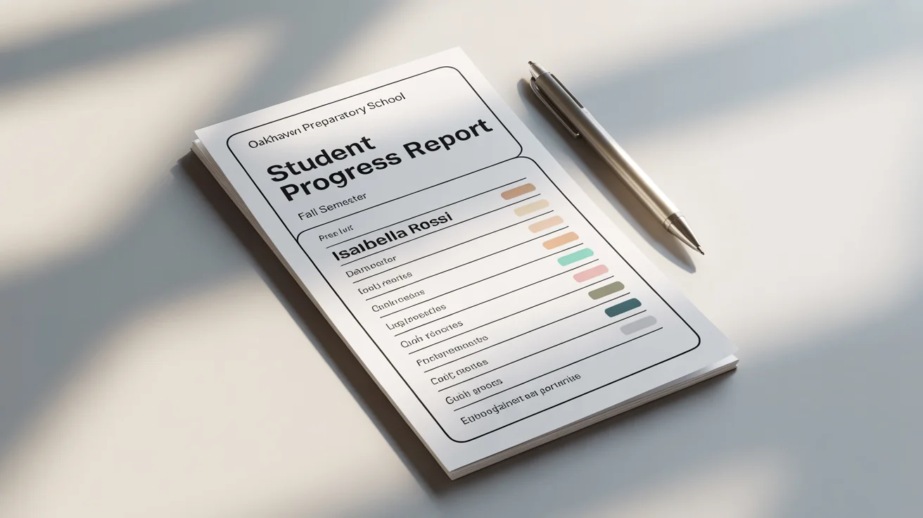 A mockup of a modern, well-designed school report card from 'Oakhaven Preparatory School' with a blue and teal color scheme, displayed on a white background.