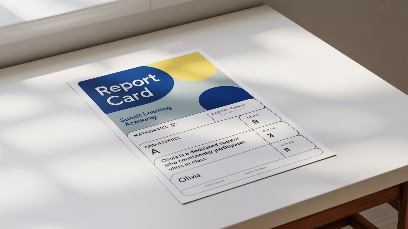 A mockup of a modern and clean school report card template for 'Summit Learning Academy', showing a professional layout with fictional student grades and comments on a white background.
