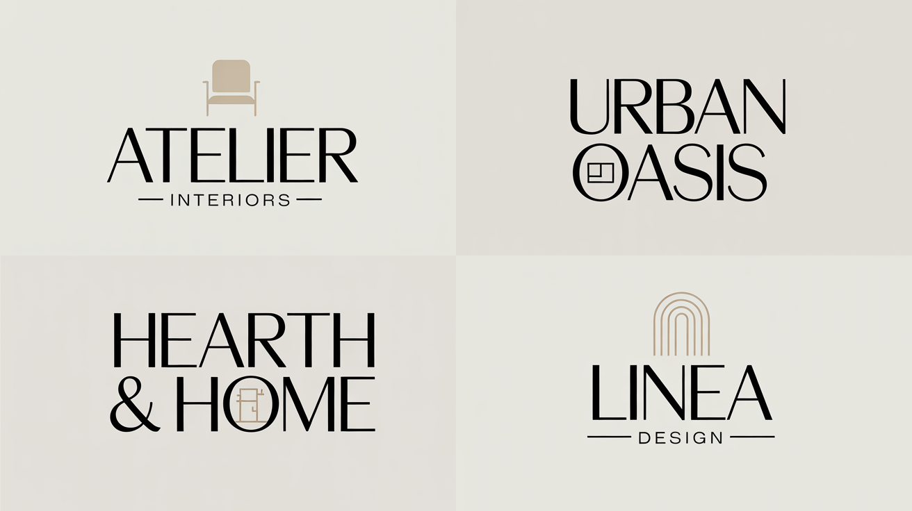 A showcase of four elegant and modern logos for interior design businesses, featuring clean lines, sophisticated typography, and gold accents on a clean background.