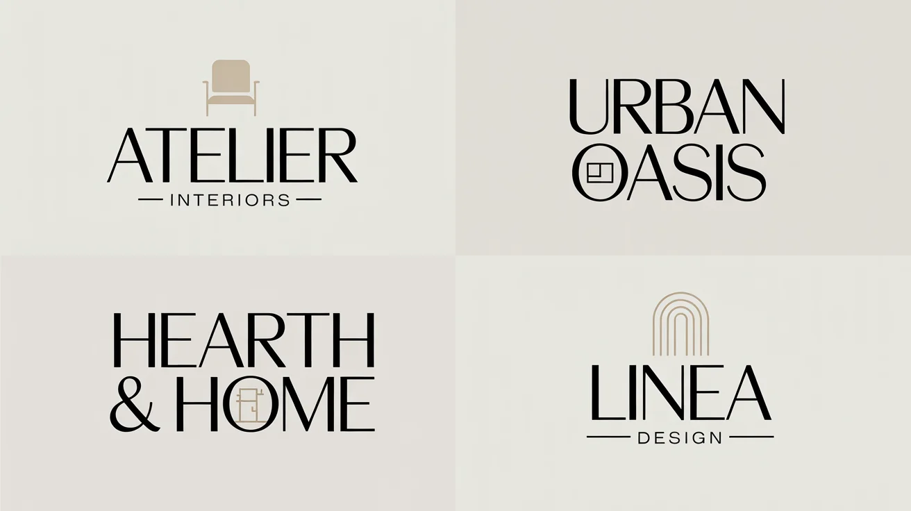A showcase of four elegant and modern logos for interior design businesses, featuring clean lines, sophisticated typography, and gold accents on a clean background.