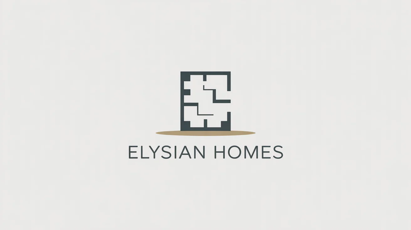 A minimalist logo for an interior design firm called 'Elysian Homes', featuring a charcoal and gold abstract icon on a white background.