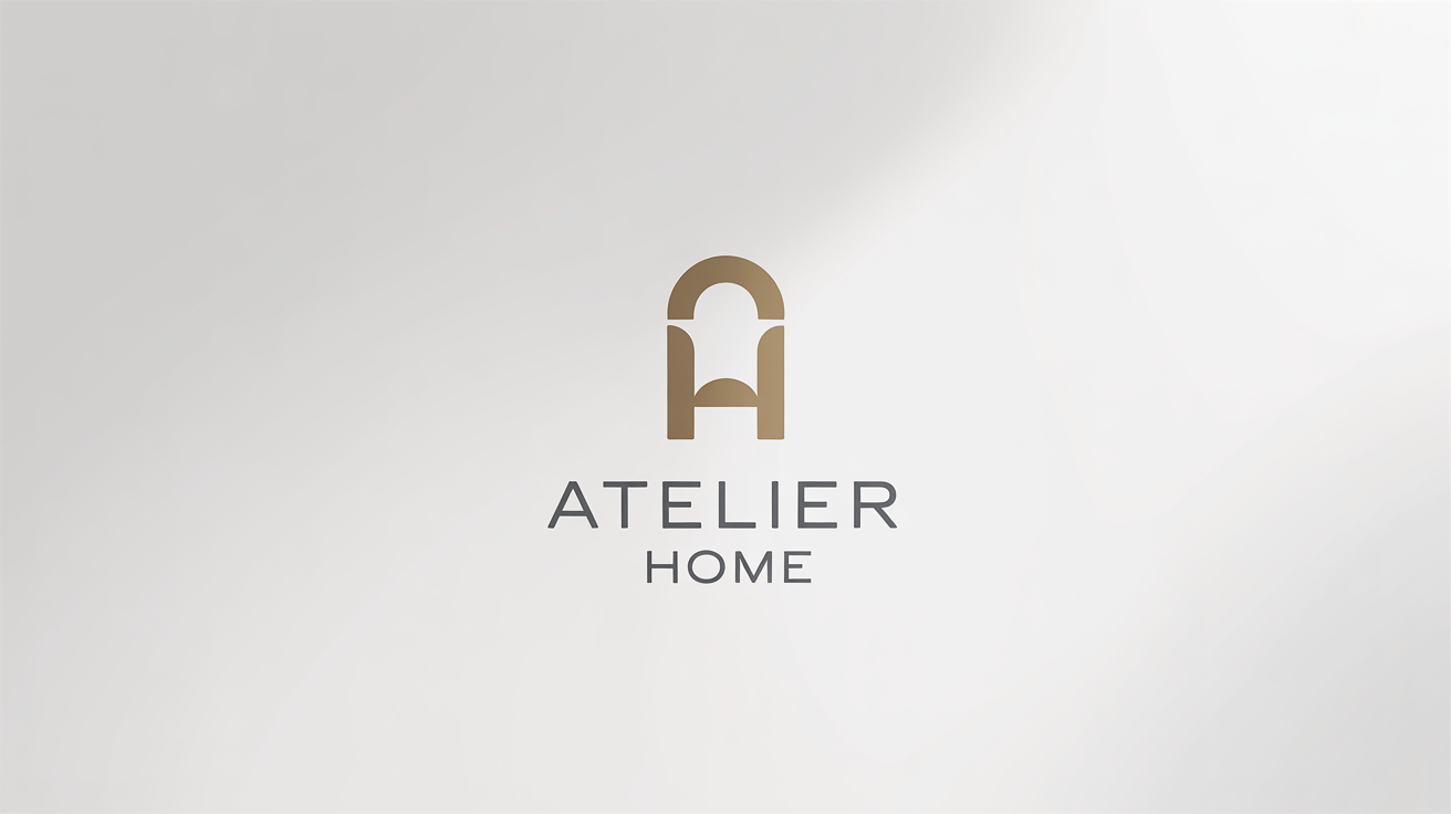 A modern, minimalist logo for an interior design company named 'Atelier Home', featuring a matte gold abstract symbol of a chair and an arch, displayed on a clean white background.