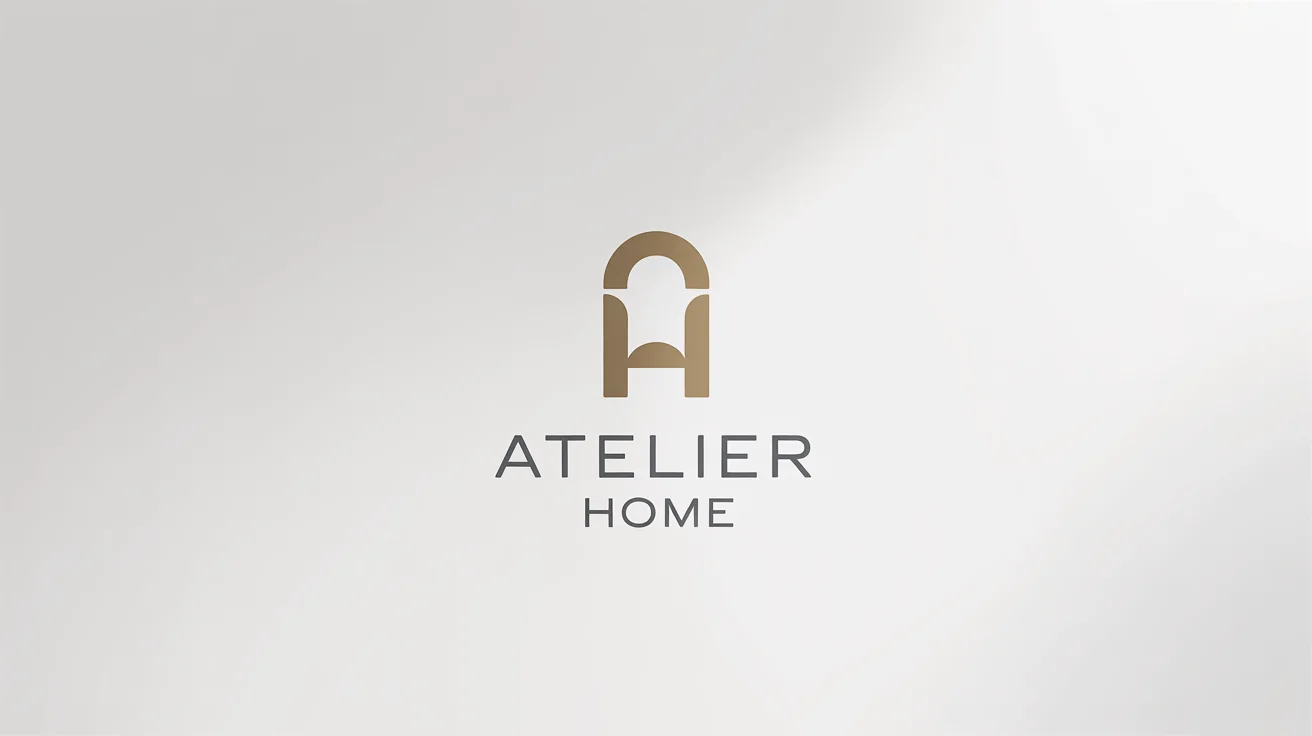 A modern, minimalist logo for an interior design company named 'Atelier Home', featuring a matte gold abstract symbol of a chair and an arch, displayed on a clean white background.