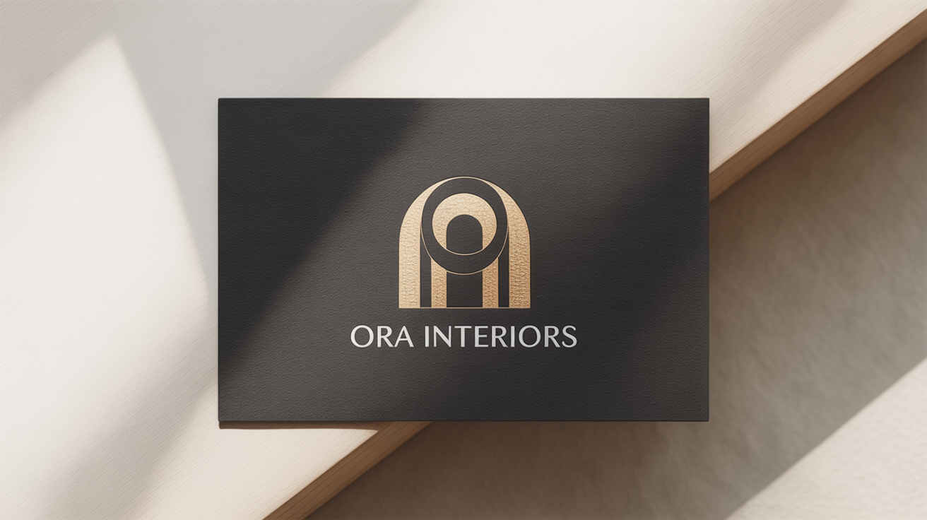 A luxurious logo mockup for an interior design company named 'ORA Interiors', featuring a gold embossed logo on a dark charcoal business card, set against a plain white background.