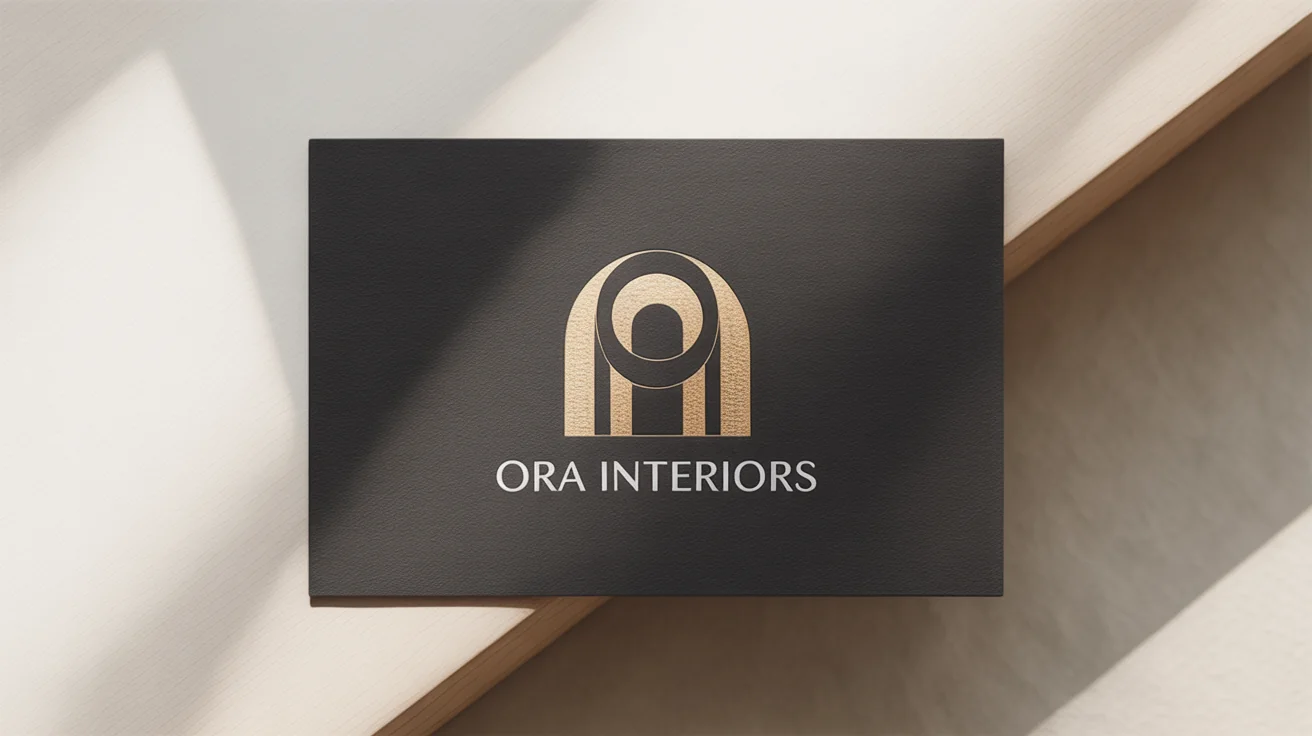A luxurious logo mockup for an interior design company named 'ORA Interiors', featuring a gold embossed logo on a dark charcoal business card, set against a plain white background.