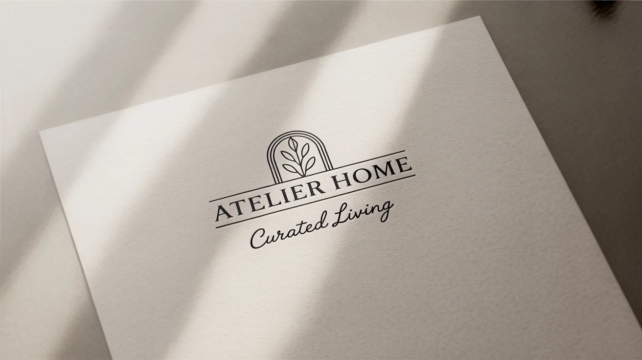 A professional logo mockup for 'Atelier Home', an interior design company, featuring a stylized archway icon and elegant typography on textured paper against a clean white background.