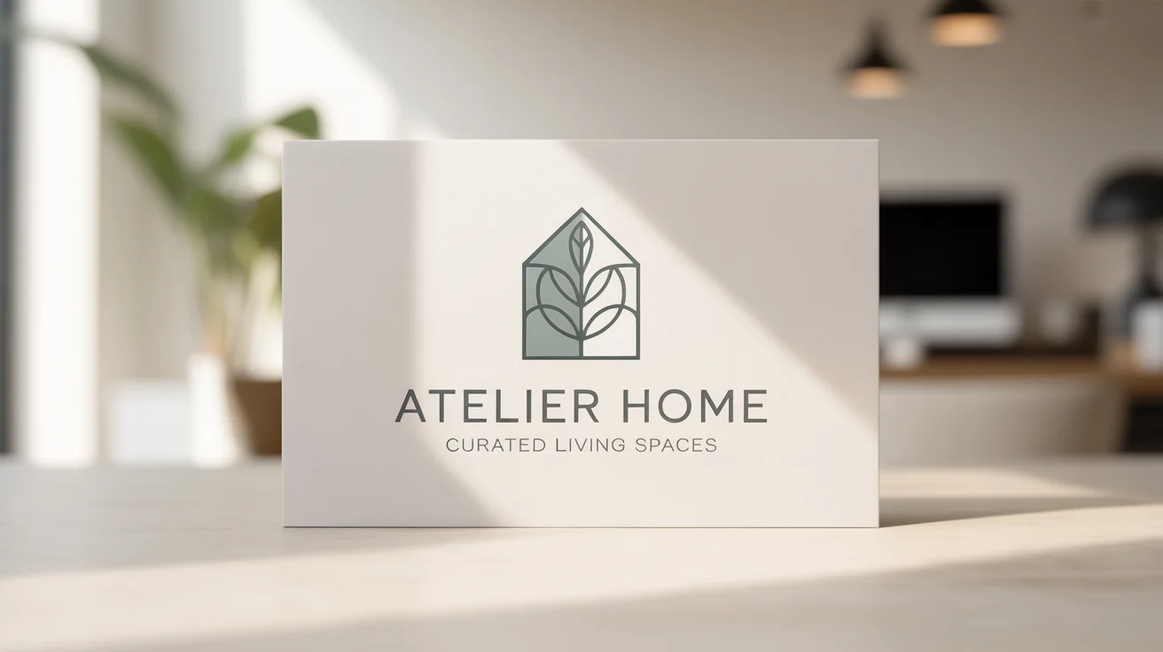 A professional mockup of an interior design logo for 'Atelier Home' featuring a house and leaf icon, displayed on a business card against a plain white background.