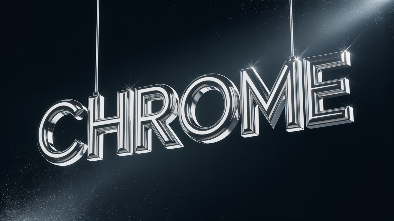 An eye-catching hero image showing the word 'CHROME' rendered in a photorealistic, 3D polished chrome metal text style, set against a dark, clean background.
